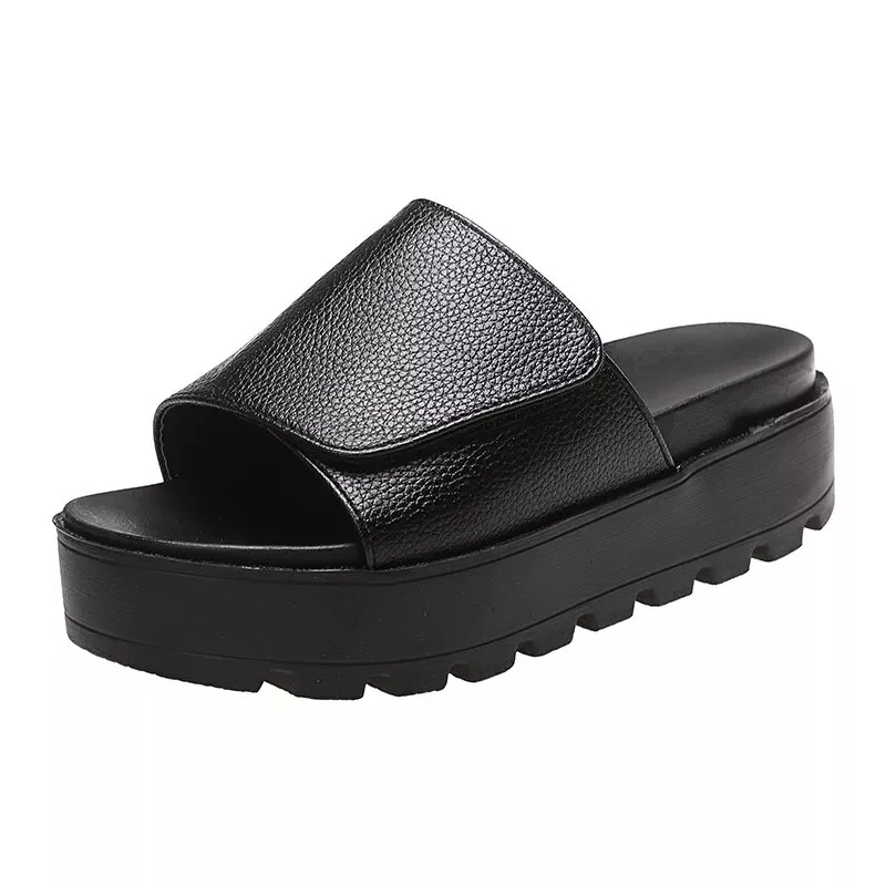 Zhungei Black PU Leather Platform Slippers Women Plus Size 43 Thick Soled Sandals Woman 2024 Summer Non-slip Slides Shoes Female