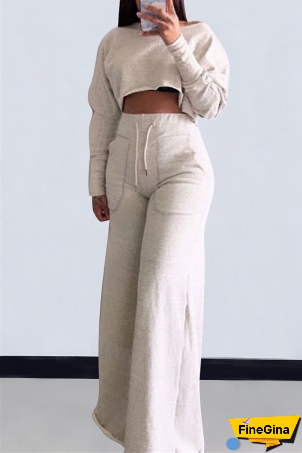 Grey Casual Solid Basic O Neck Long Sleeve Two Pieces