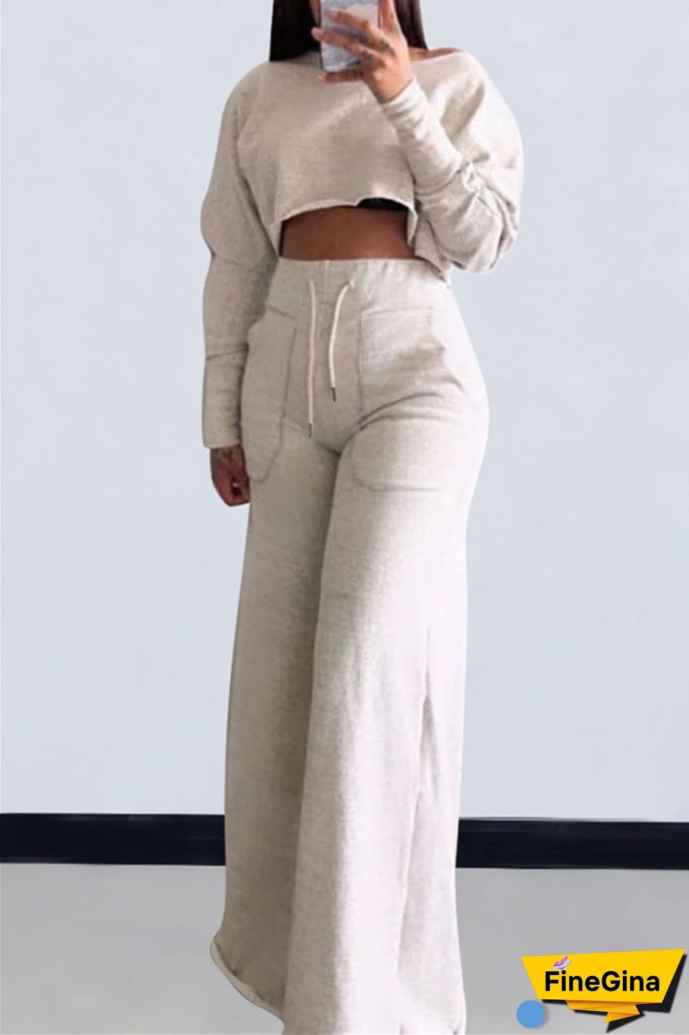 Grey Casual Solid Basic O Neck Long Sleeve Two Pieces