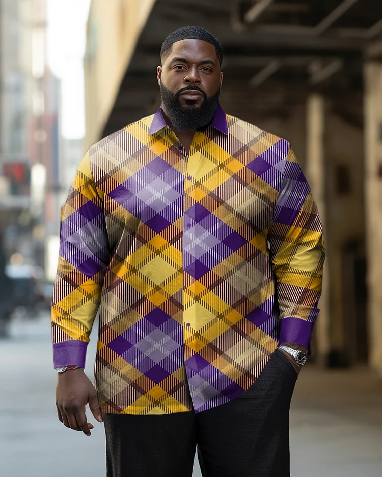Men's Plus Size Purple And Yellow Plaid Color Matching Long-Sleeved Lapel Long-Sleeved Shirt