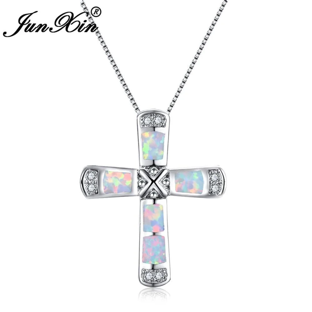 JUNXIN Classic Cross Pendant Women Blue White Fire Opal Choker Fashion Silver Color Necklace For Women Wedding Party Jewelry