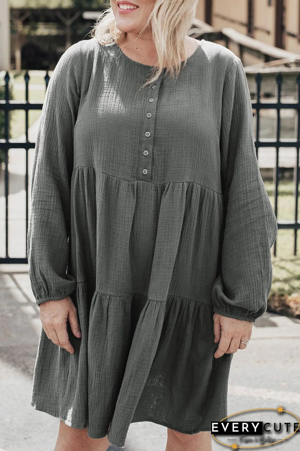 Plus Size Buttoned Long Sleeve Tiered Dress
