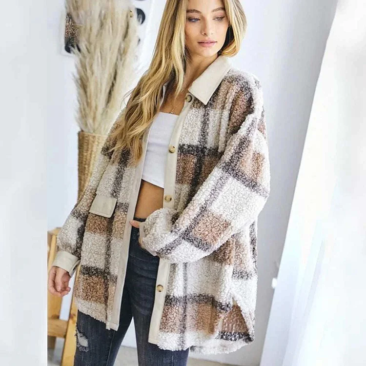 Women's Winter Sherpa Shackets Plaid Pattern Warm Loose Wool Jacket
