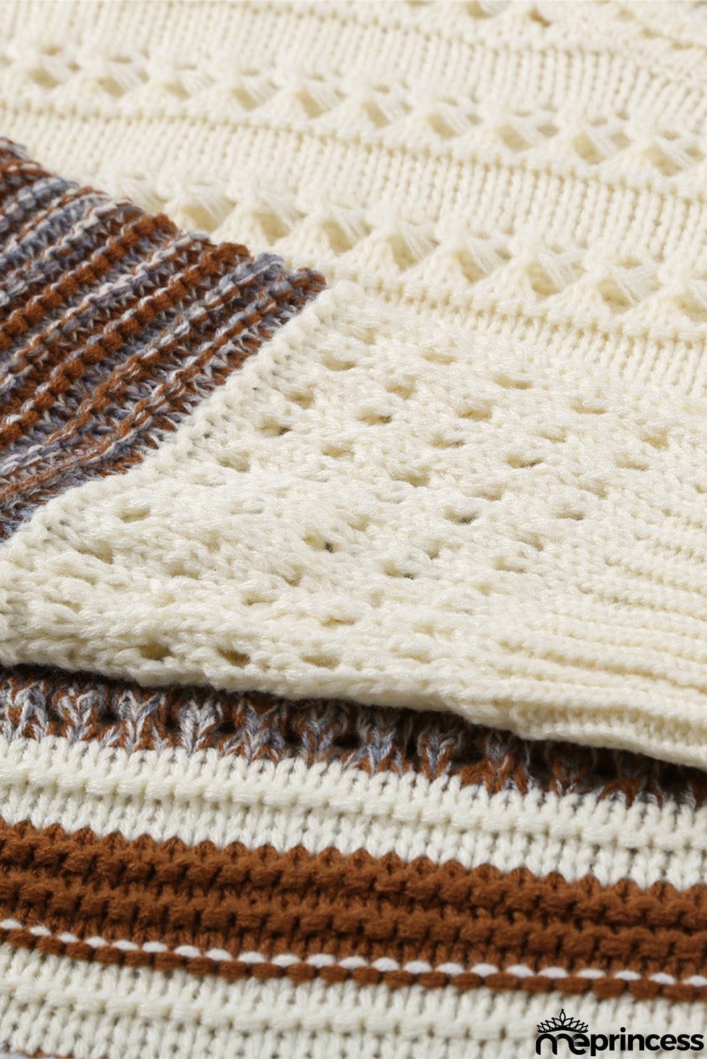 Brown Loose Openwork Round Neck Sweater