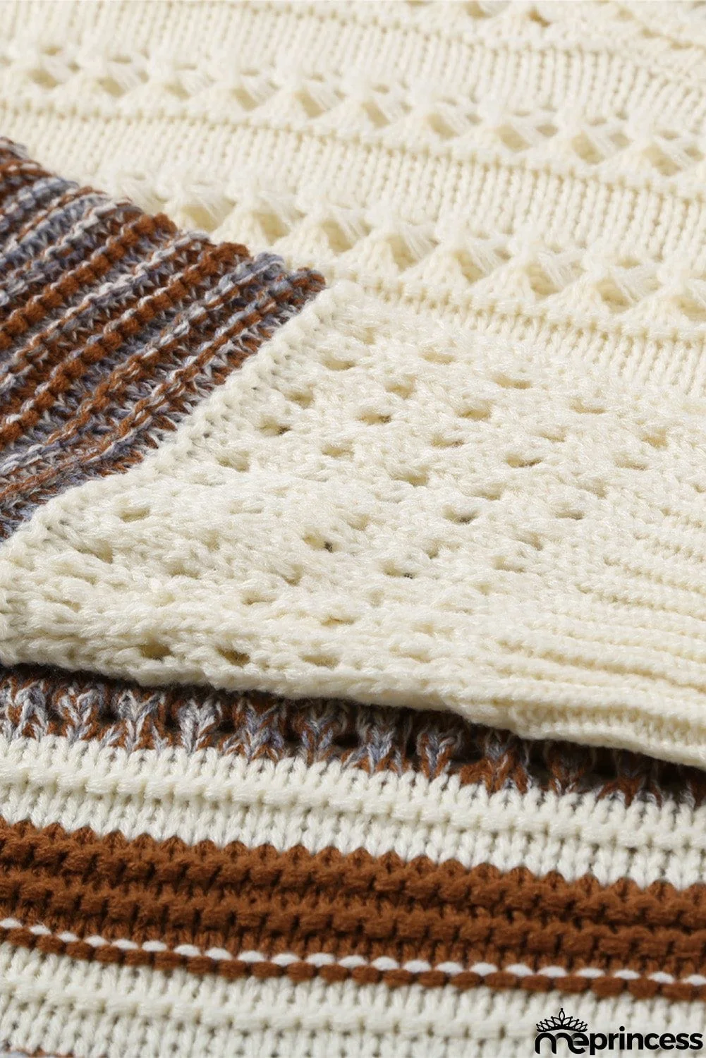 Brown Loose Openwork Round Neck Sweater