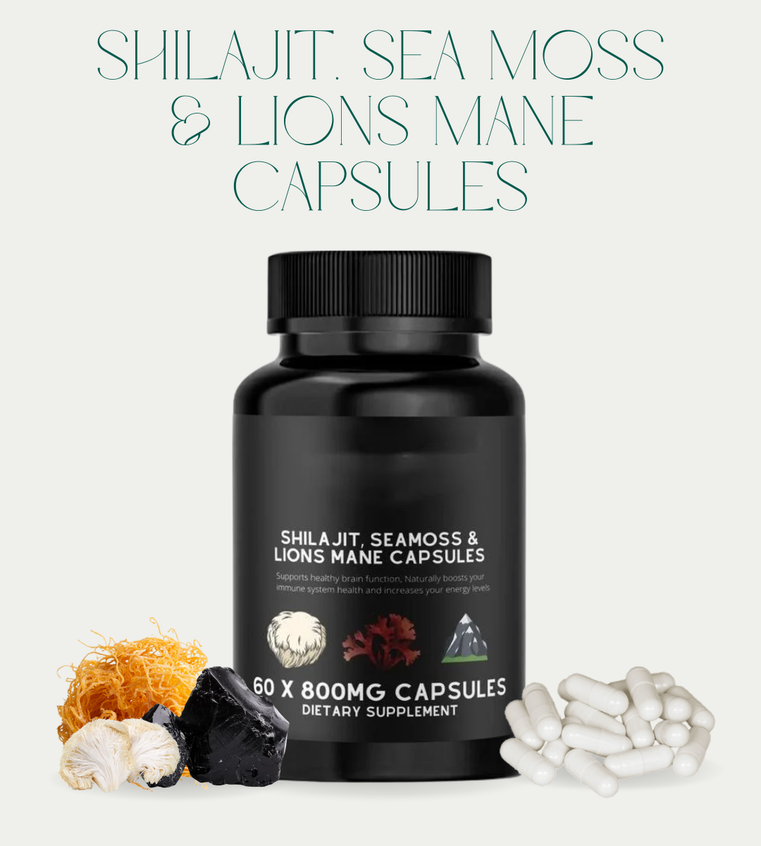 British Origin Shilajit. Sea Moss & Lions Mane -Adaptogen Blend | 60 capsules Healthcare Dietary Fitness Supplement -Vegan -Organic