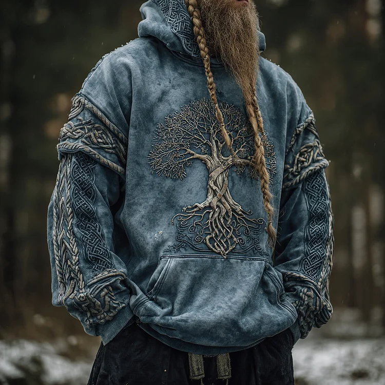 Men's Viking Celtic Knot Tree Of Life Embroidery Cozy Warm Hoodie