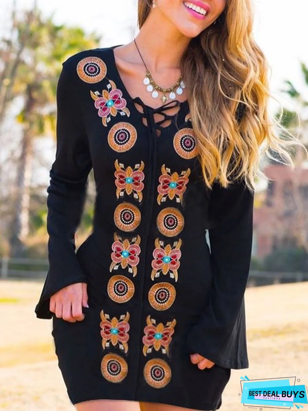 Vintage Boho Geometric Floral Embroidered Plus Size Long Sleeve V Neck Casual Knitting Dress