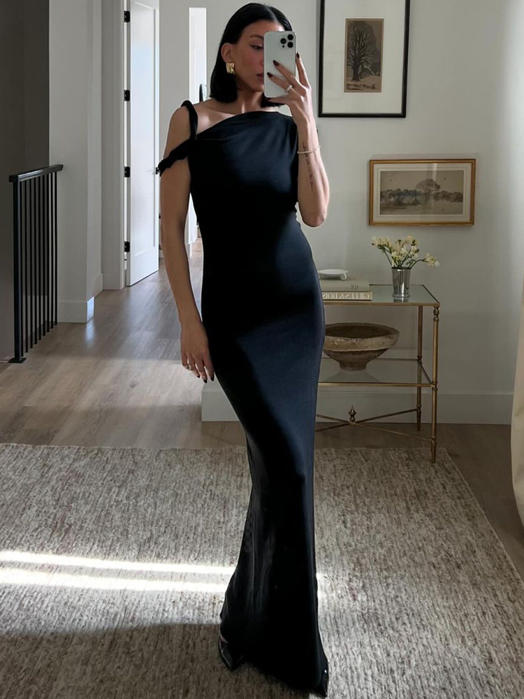 Ootddress Black Long Dress Female Slim High Waist Off-Shoulder Fashion Elegant Evening Partywear Dress Solid One-Shoulder Maxi Dress