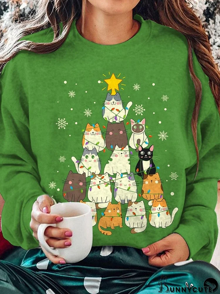 Women's Christmas Tree and Cat Casual Sweatshirt