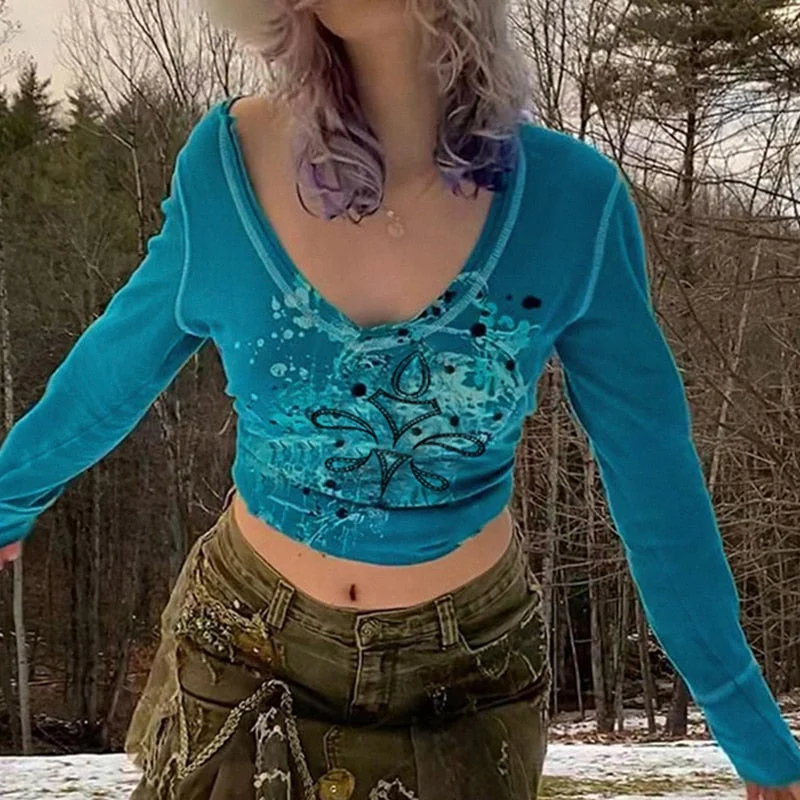 Rapcopter Grunge Fairycore Crop Top Graphic Printed Blue T Shirt Blue Long Sleeve Knitted V Neck Pullovers Women Kawaii Harajuku