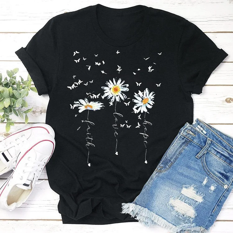 Faith Hope Love Christian Butterfly Daisy T-Shirt Tee --Annaletters