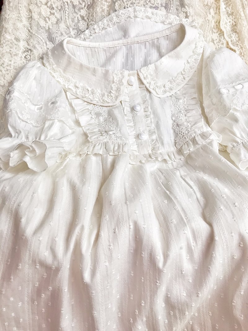 White Sweet Shirt Short  Puff Sleeve Peter Pan Collar Girls Top Novameme