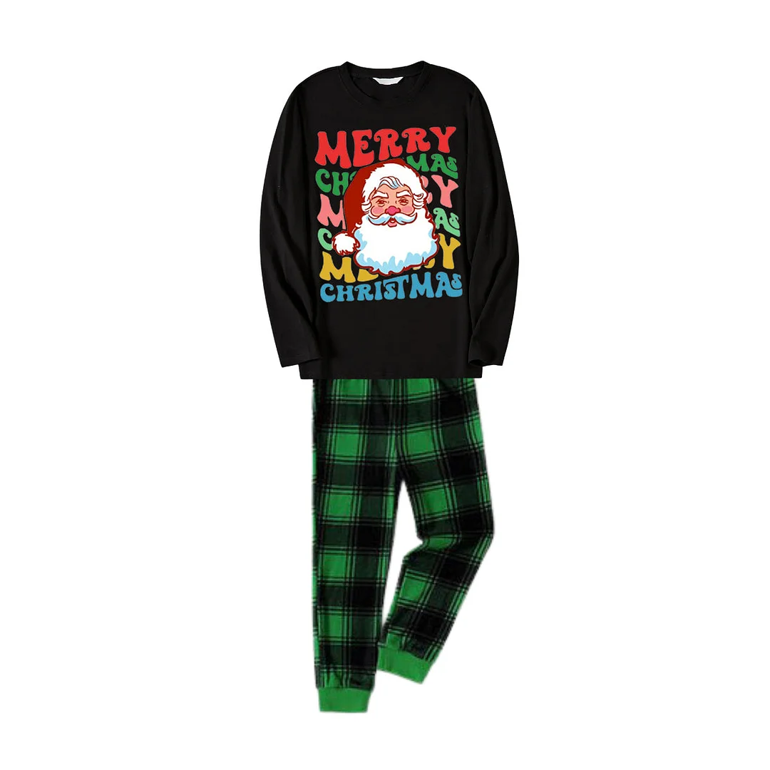 Colorful "Merry Christmas" and Santa Claus Print Black Long Sleeve Top with Black And Green Plaid Pants Family Matching Pajamas