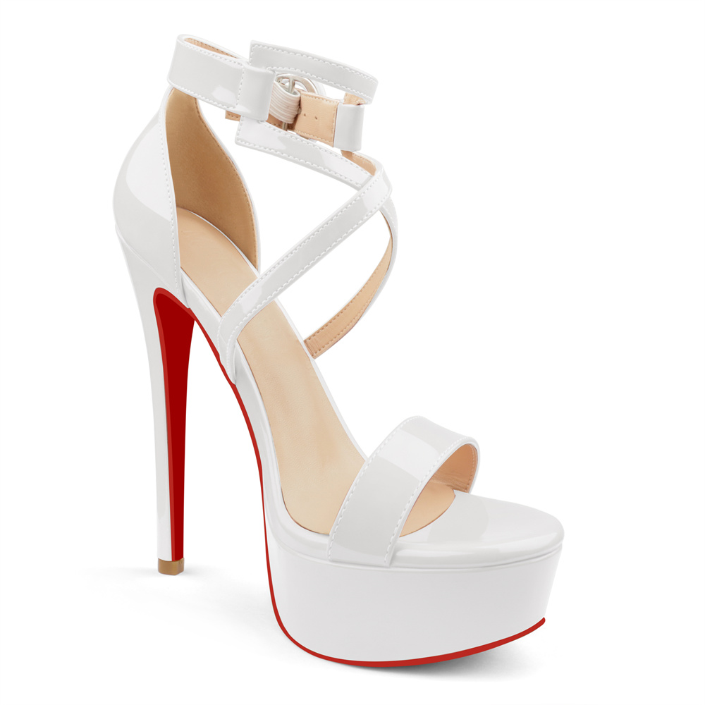 150mm Women's Open Toe Platform Sandals Ankle Strap High Heel Patent Red Bottom Summer Shoes-MERUMOTE