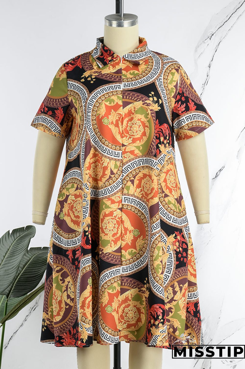 Colour Casual Print Patchwork Turndown Collar Straight Plus Size Dresses