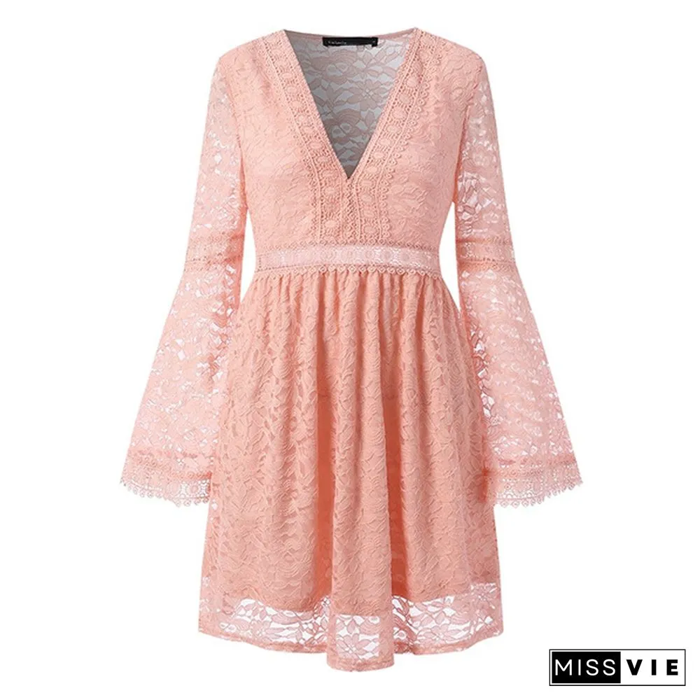 Womens Lace Stitching Elegant Dress Flare Long Sleeve Neck Party Casual Loose Mini Plus