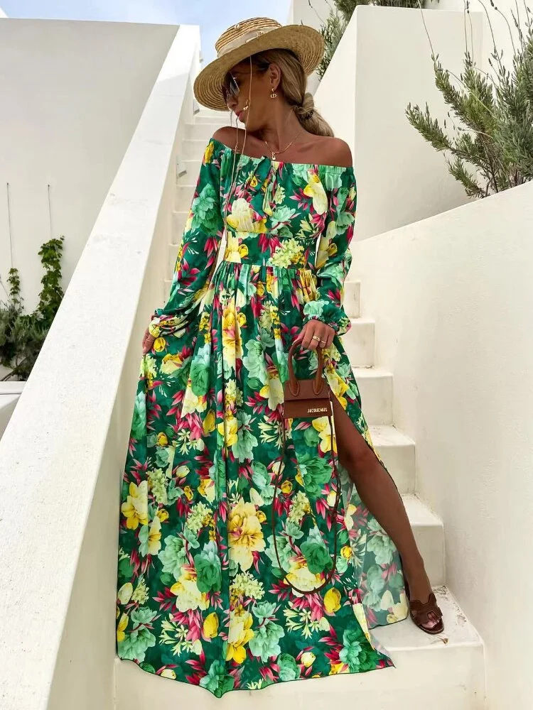 Spring Summer New Women's Fashion Print Dress Off-shoulder Neckline High-waisted Split Skirt Bohemian Beach Style Holiday Skirt