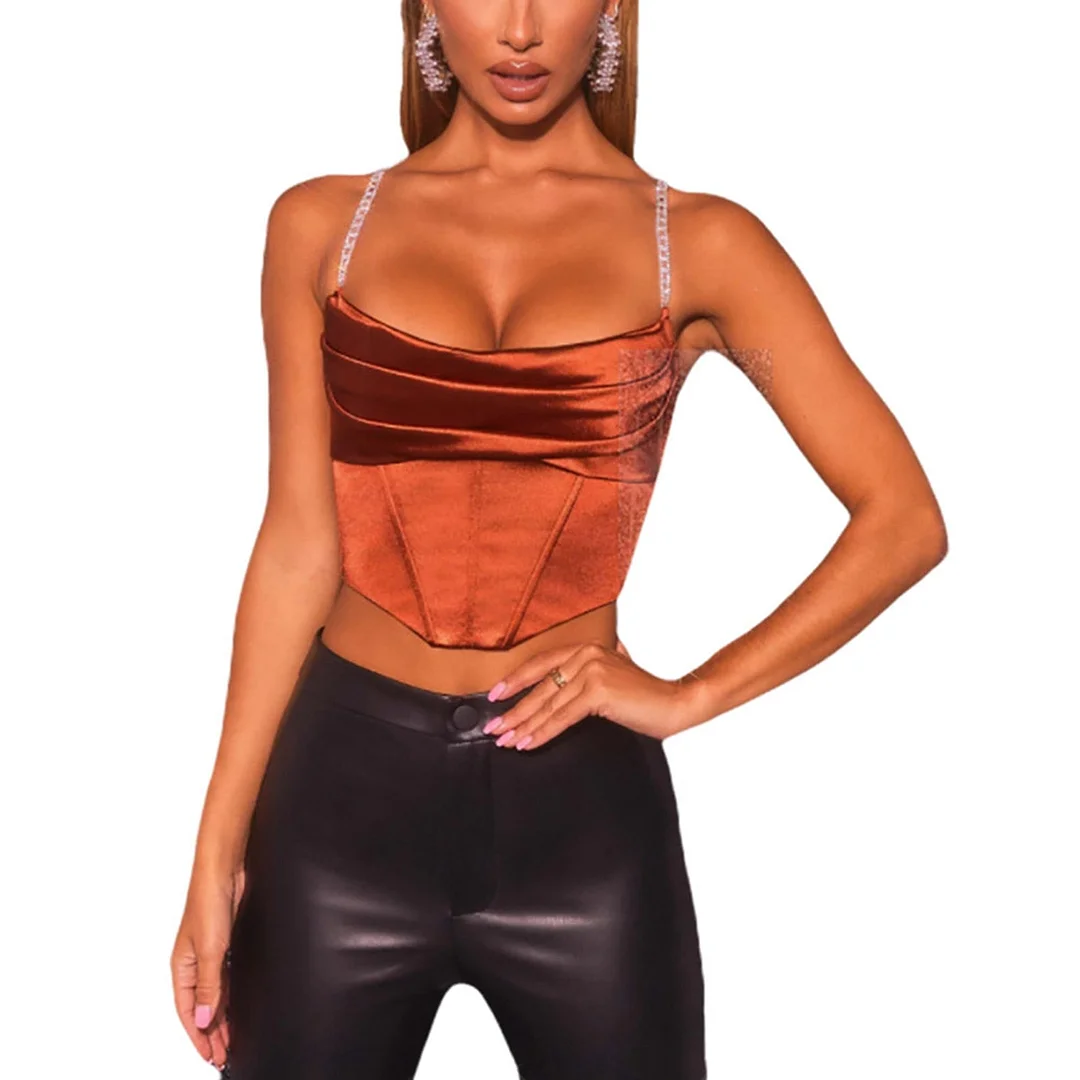 wsevypo Diamonds Chain Bustier Corsets Top Sexy Women's Camisoles Sleeveless Strap Crop Tops Solid Color Backless Vest