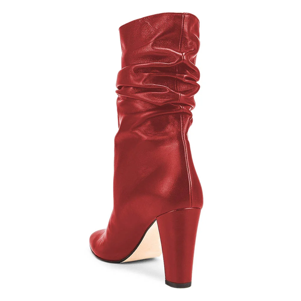 Red Vegan Leather Pointed Toe Chunky Heel Mid Calf Slouch Boots