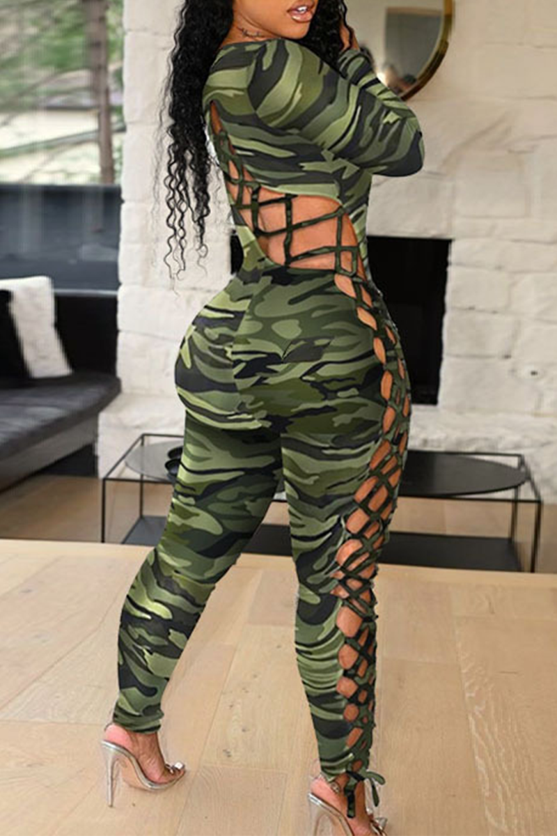 Sexy Print Hollowed Out O Neck Skinny Jumpsuits