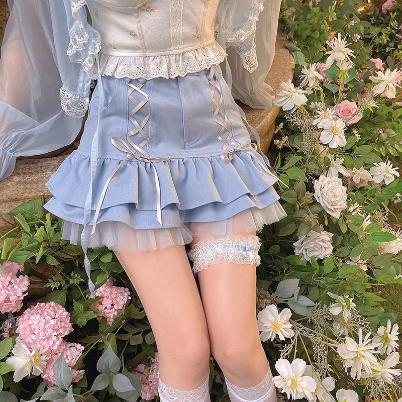 uforever21 High Waist Lace Bandage Y2k Sweet Skirt 2023 Summer Casual Designer Elegant Lolita  Skirt Japanese Kawaii Mini Skirt Women