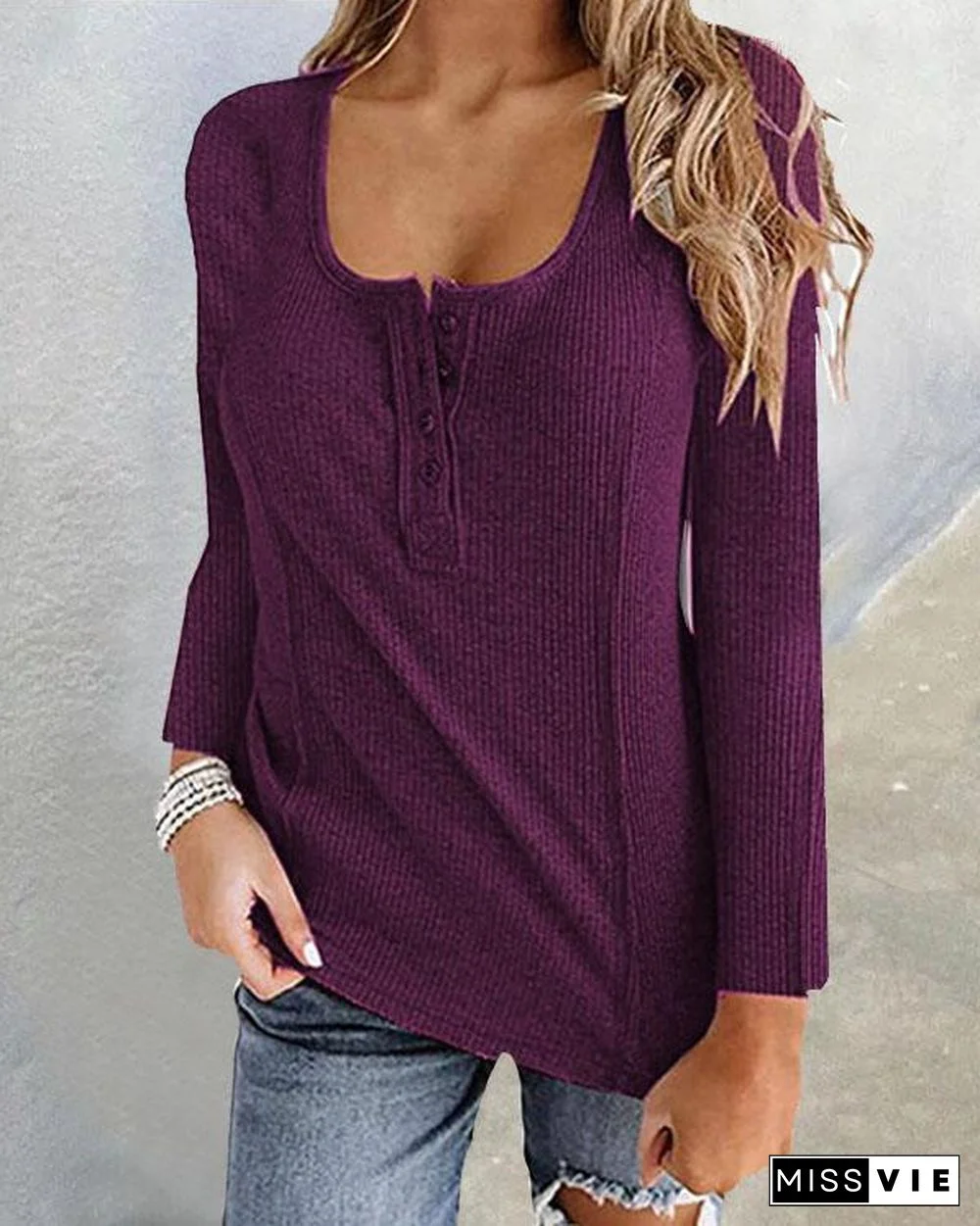 Plain Color Button U Neck Basic Fall T-shirt Tops