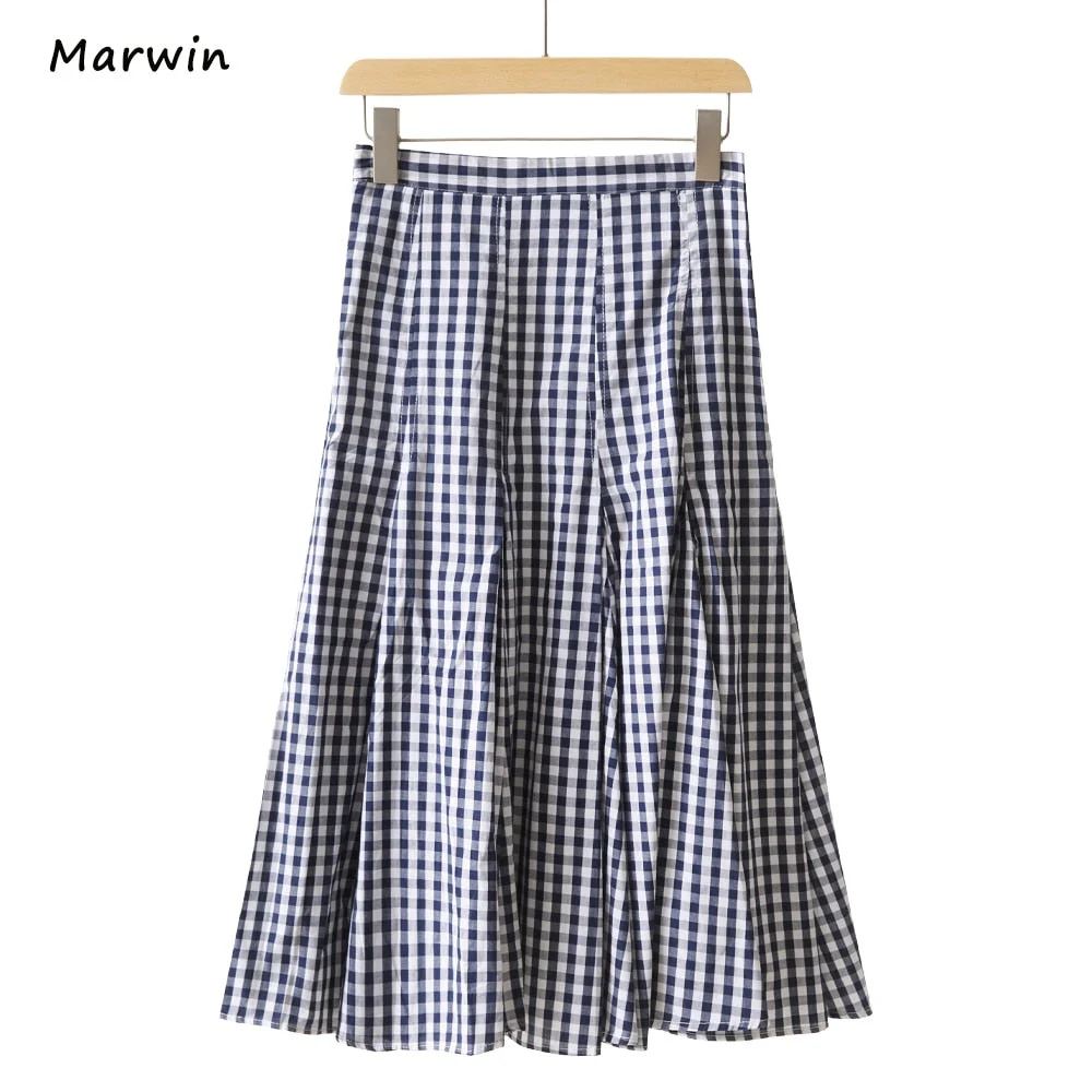 Marwin&Friend Spring Summer Printing Plaid Pattern Empire Elastic Women A-Line Two Color High Street Style Skirts