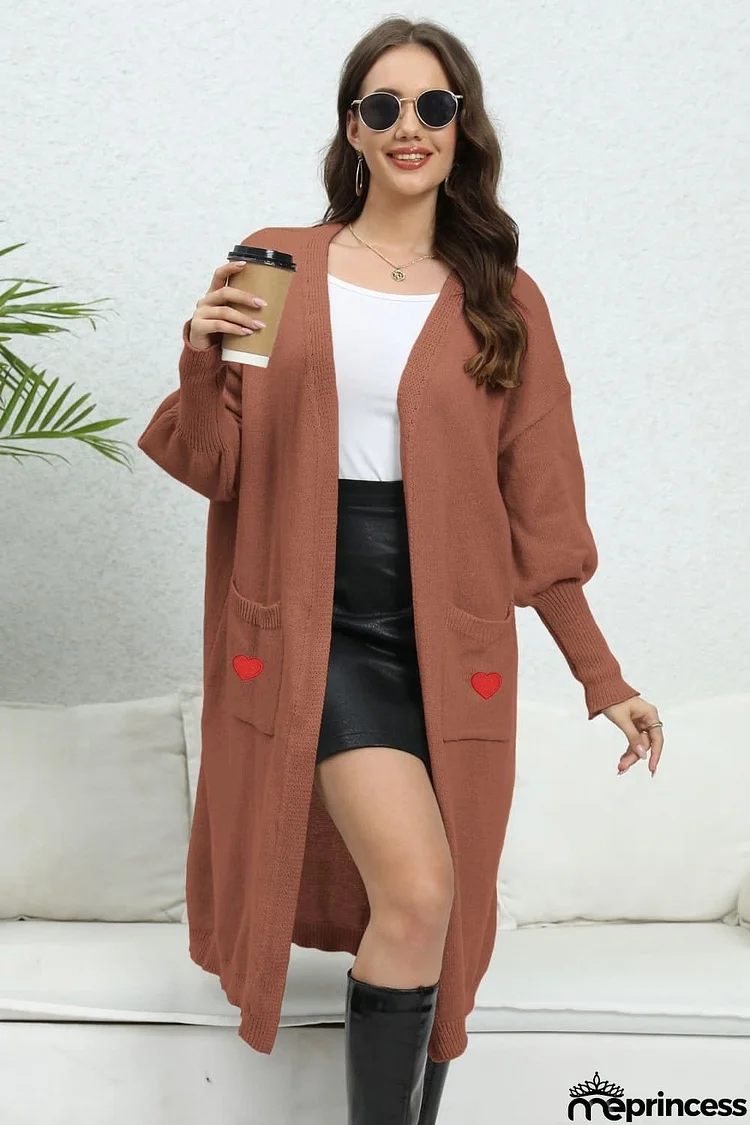 Lantern Sleeve Open Front Pocketed Cardigan