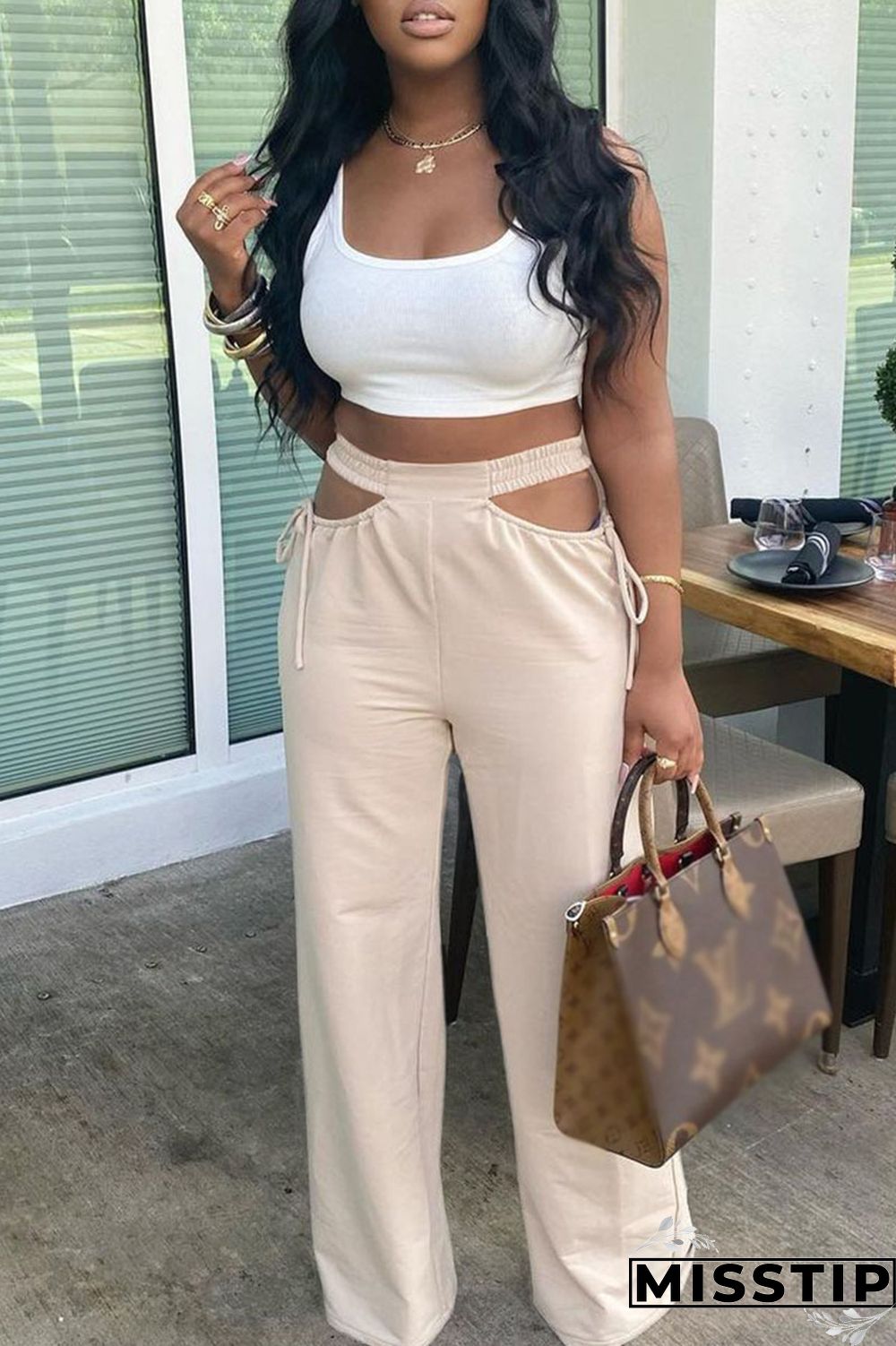 Grey Casual Solid Hollowed Out Draw String Boot Cut Wide Leg Patchwork Bottoms