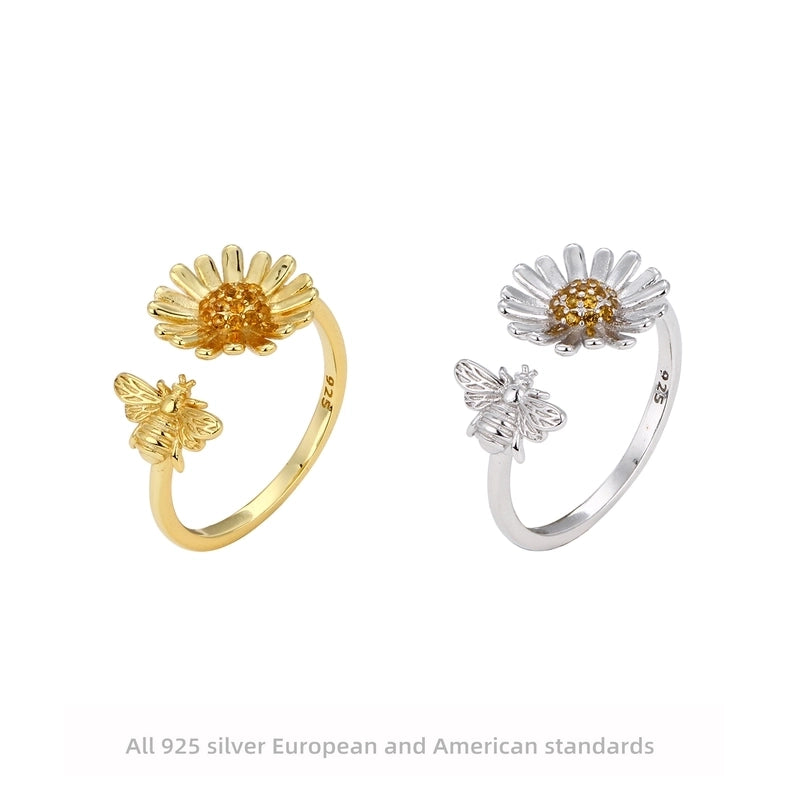 925 Sterling Silver Zircon Sunflower Open Ring