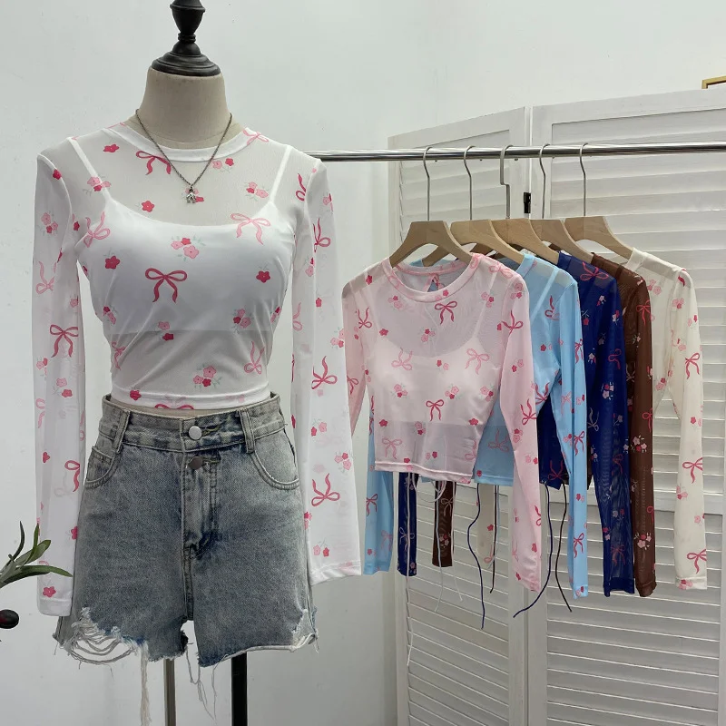 Uveng Real Shooting Bow Print Bare Back Net Yarn Sunscreen Long-Sleeved T-Shirt Hottie With Chest Pads Two Short Tops 8860