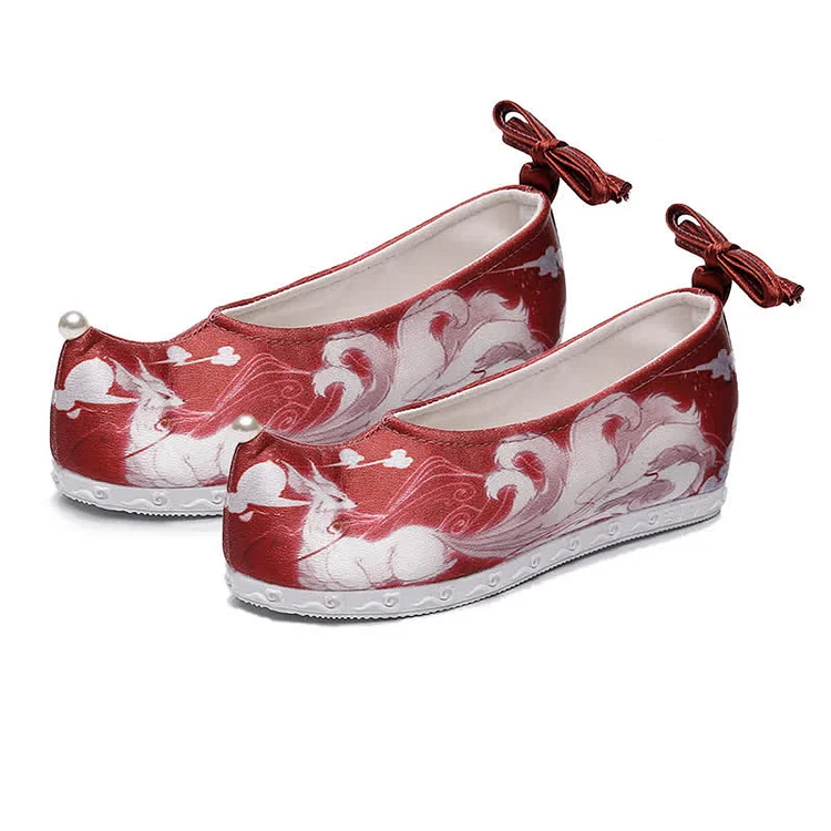 Vintage Nine-tailed Fox Print Lace Up Flats Shoes - Modakawa modakawa