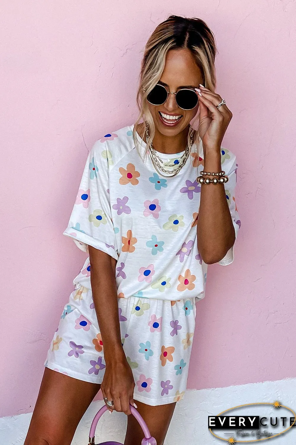 White Flower Print Short Sleeve High Waist Two Piece Shorts Set