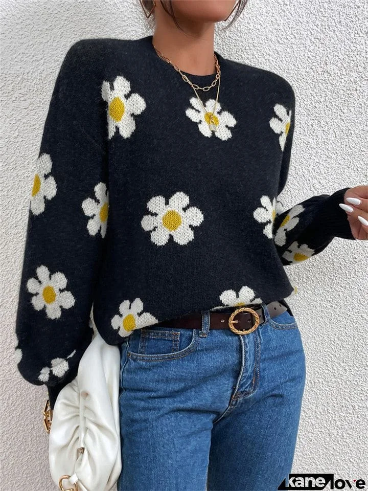 Floral Printed Round Neck Sweaters For Women