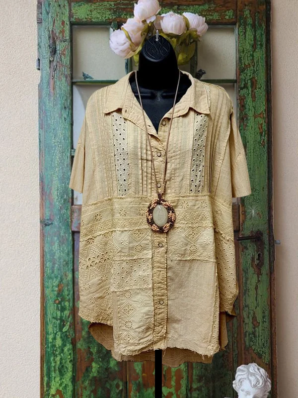 Casual Retro Lapel Jacquard Short Sleeve Top