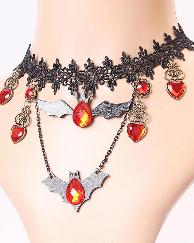 Lace necklace black bat heart diamond