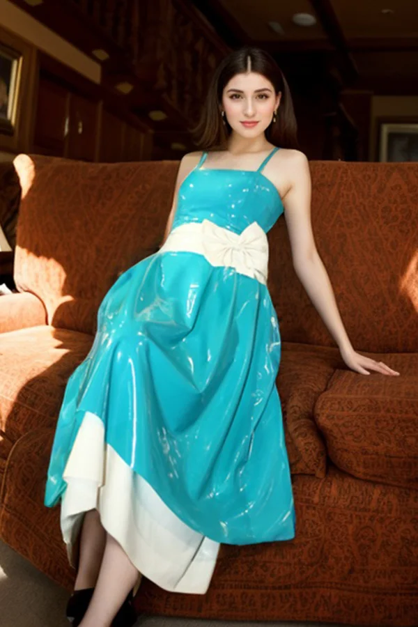 Women Latex Dress SLight Blue Latex Gown Oversized Bow Detail