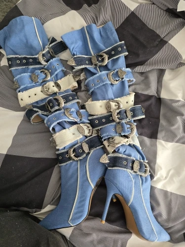 GOOSHOE Metal Belt Buckles Over Knee High Boots Slim Heels Denim Long Booties Punk Blue Stiletto