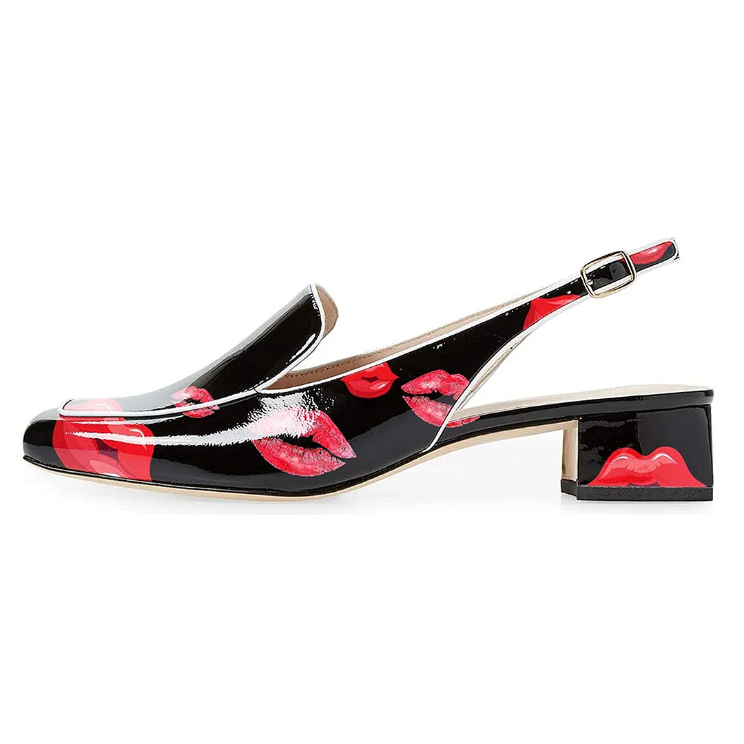 Black Kiss Print Square Toe Slingback Chunky Heeled Loafers