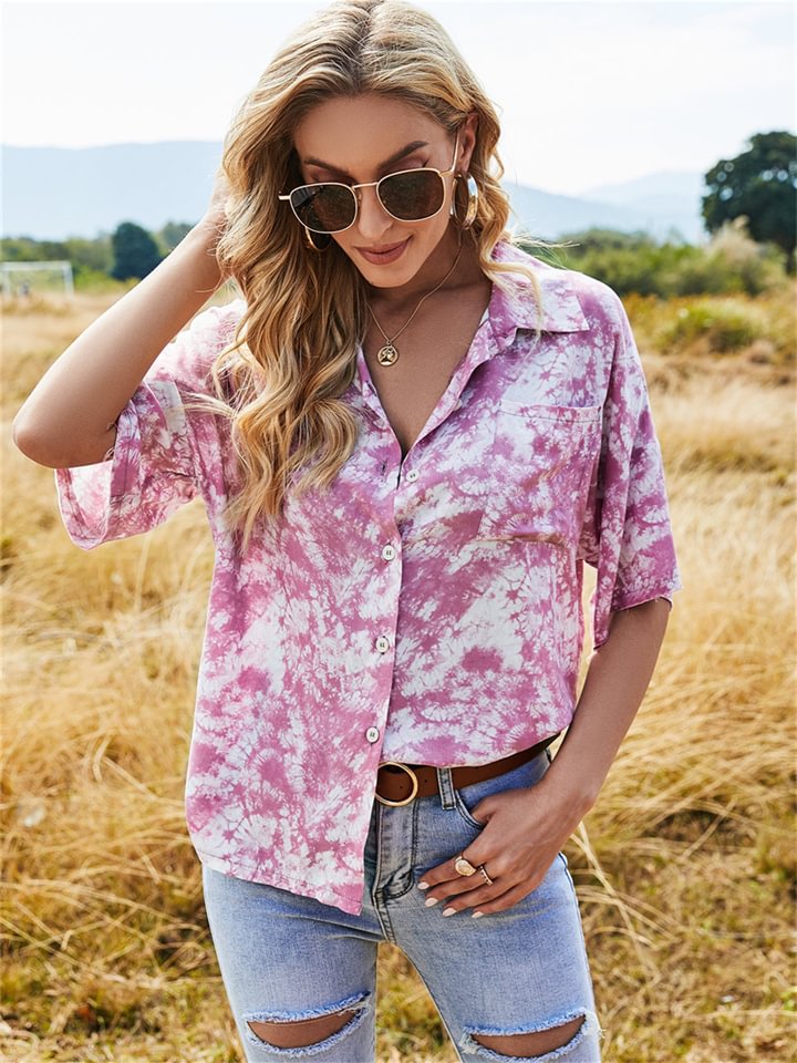 Summer Loose Tie-dye Short-sleeved Women's Fashion Gradient Simple Color Blocking Shirt Button Lapel Casual Tops -vasmok