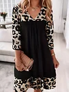 Vibrant Leopard Print Pendulum Dress - Elegant V-Neck, Long Sleeve, Mid-Elastic Smocked Fabric, Perfect for Spring, Summer, and Fall Seasons - Womens Polyester Clothing for Adult