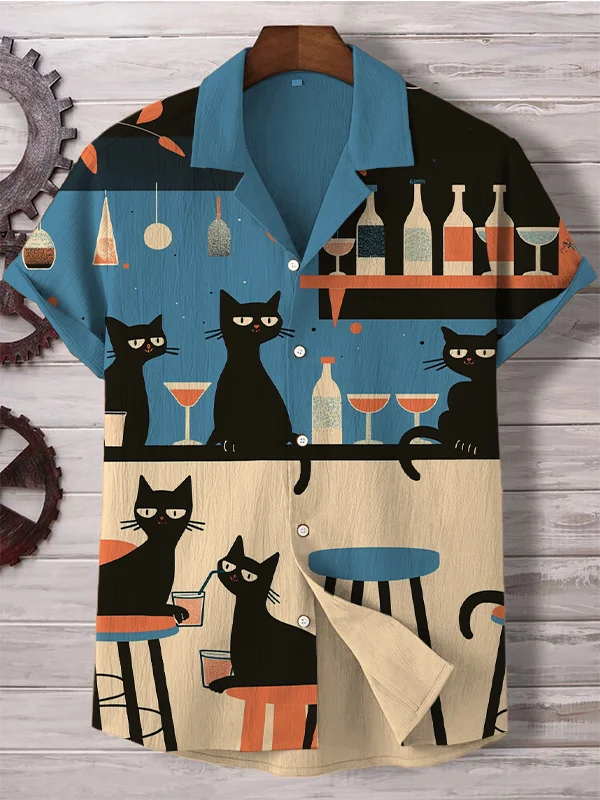 Men's Black Cat Bar Nightlife Art Print Linen Blend Shirt