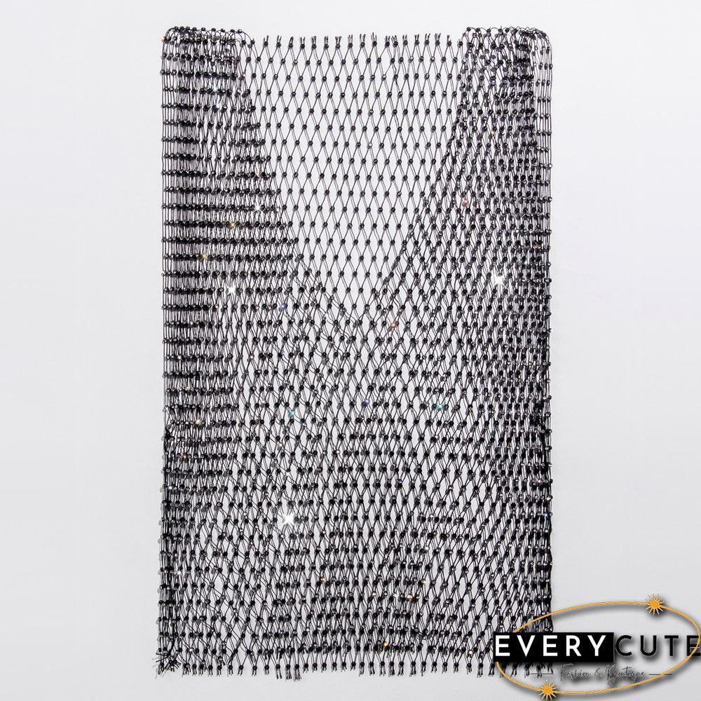 Black Rhinestone Mesh Hollow-out V Neck Crop Top