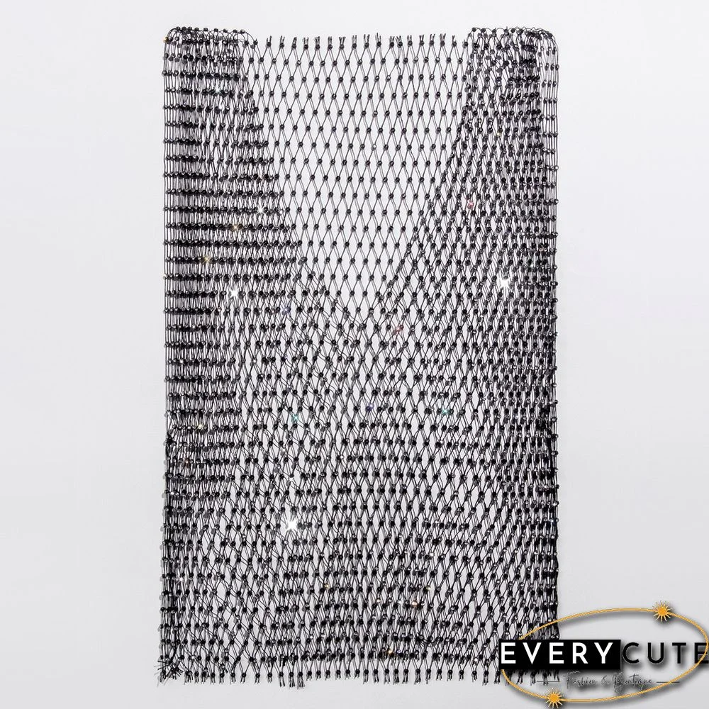 Black Rhinestone Mesh Hollow-out V Neck Crop Top