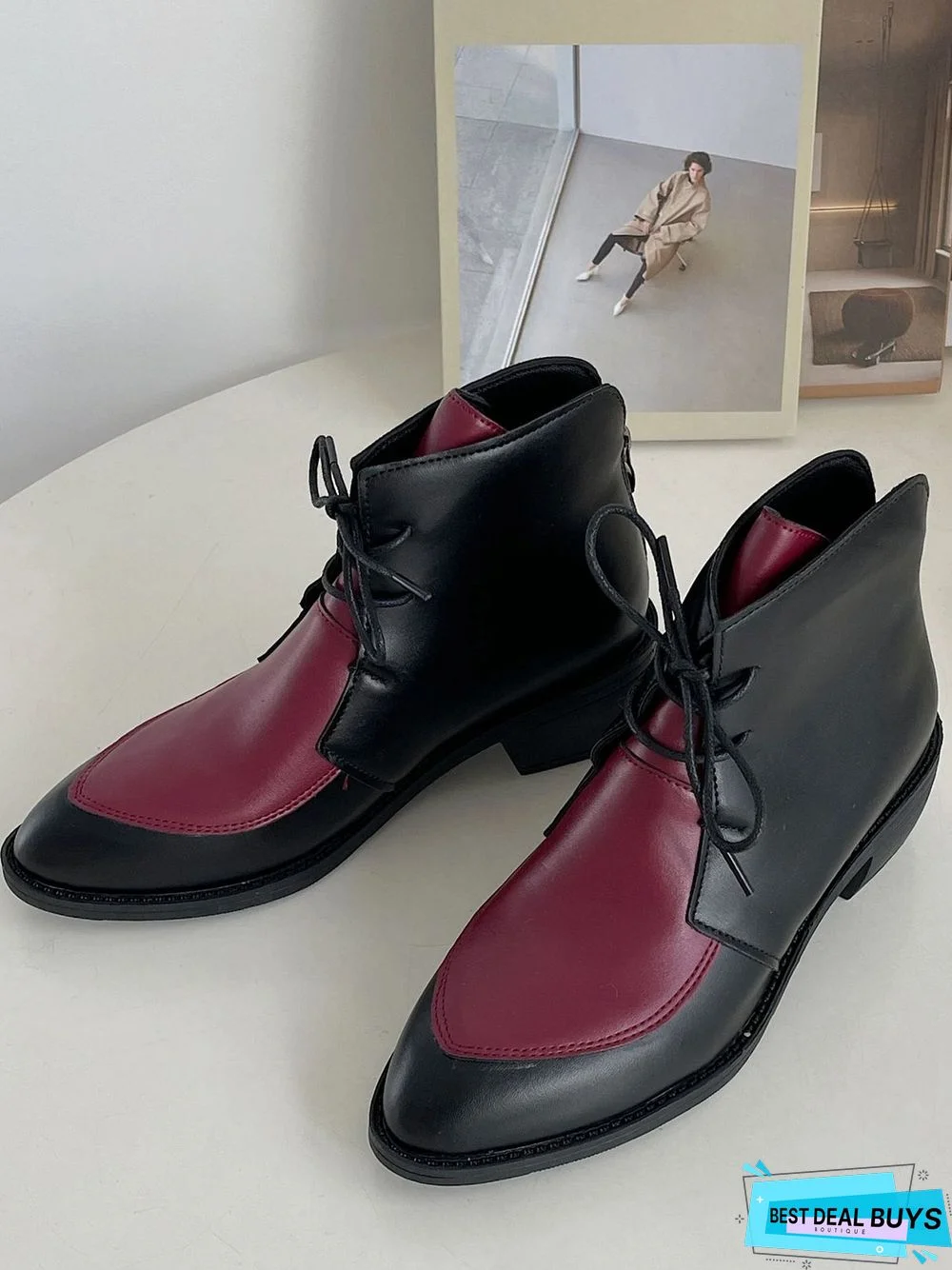 Comfortable Soft Leather Colorblock Lace-Up Pointed Toe Chukkas Booties