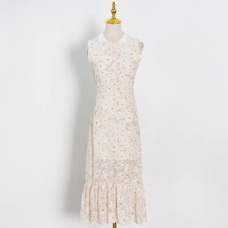 Uveng Uveng Temperament Elegant Wind 2025 Spring New Design Small Flowerless Sleeveless Lace Splicing Dress Women