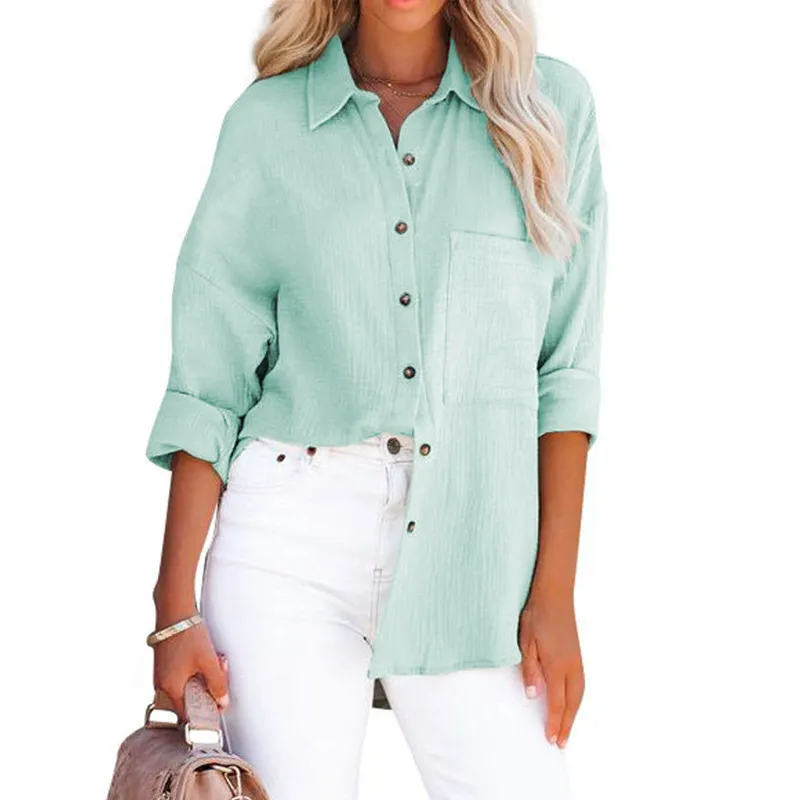 Textured Lapel Collar Button Down Oversized Long Sleeve Shirt