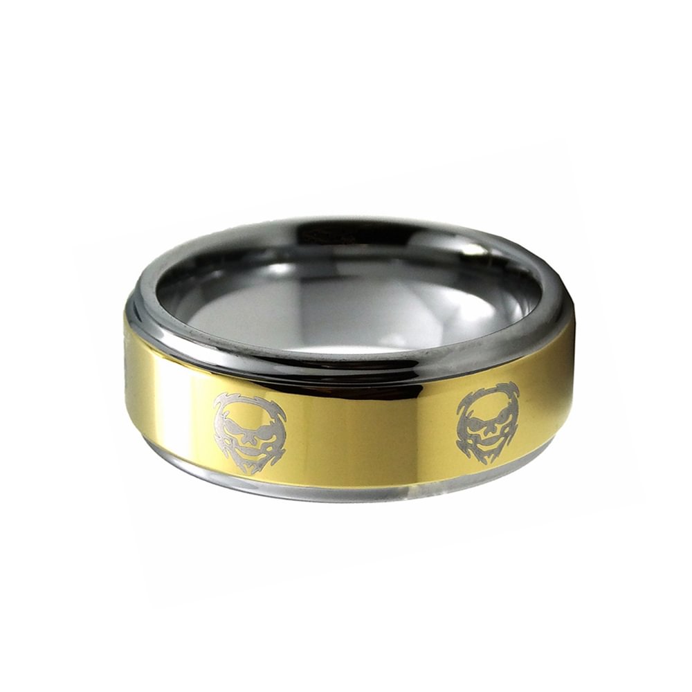 8MM Gold Tungsten Carbide Rings Skull Ghost Laser Pattern Step Edge Men Ring