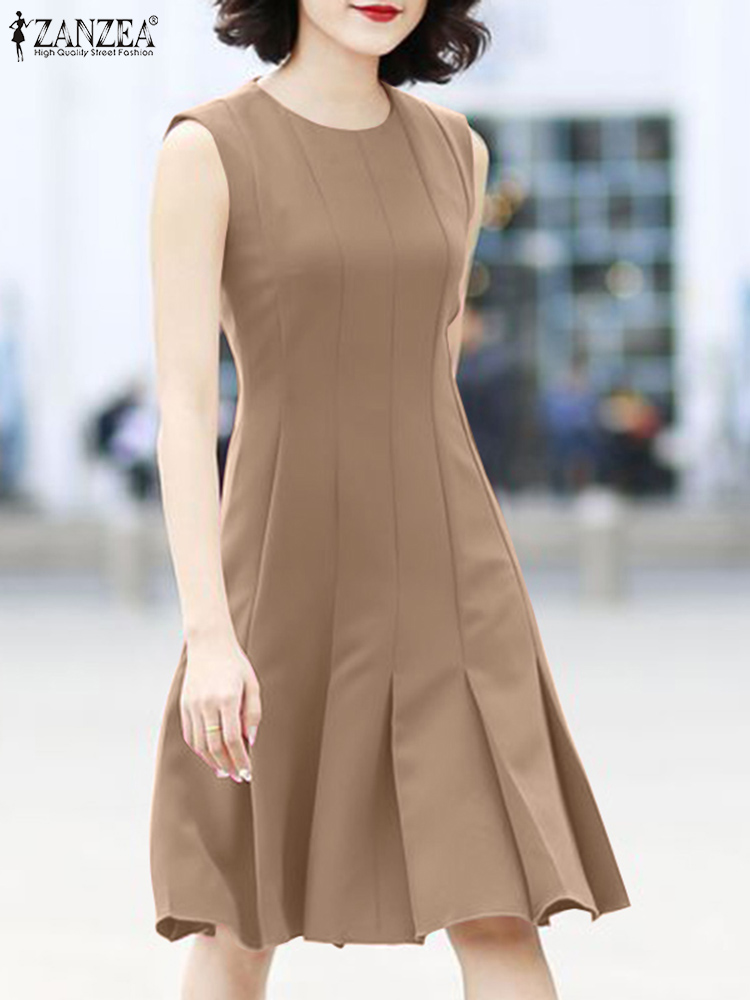 ZANZEA Elegant 2024 Summer Knee-length Vestidos Sleeveless Pleated O Neck Solid Color Sundress Women Commute Tank Dress